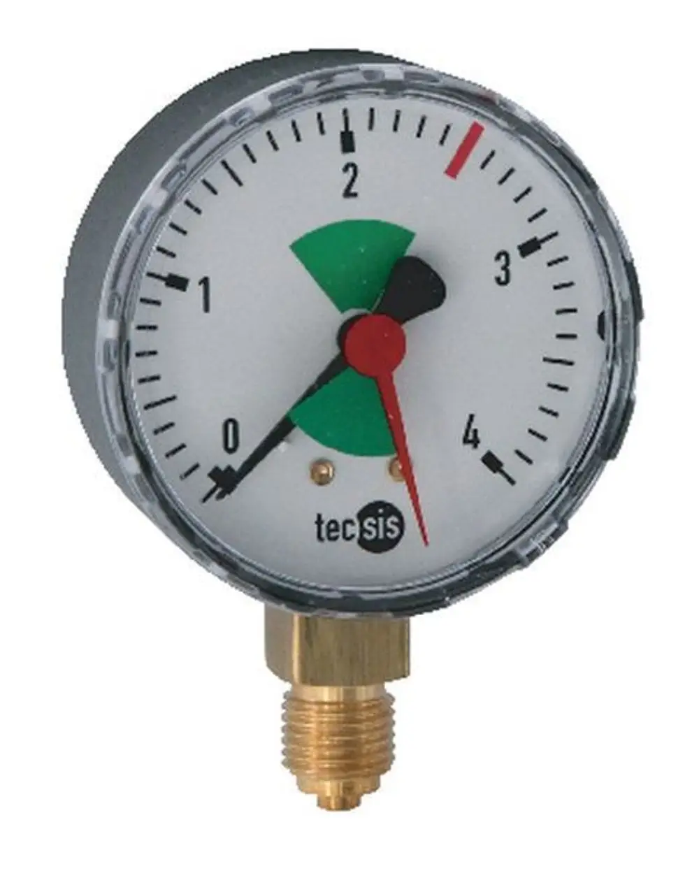 Manometer von Syr mit einem Ziffernblatt, das einen Messbereich von 0-4 bar anzeigt. Die Nadel bewegt sich innerhalb eines farbigen Bereichs. Anschlüsse sind aus Messing.